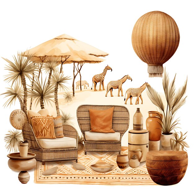 Photo watercolor of african safari retreat a room with africanins on white background with cozy place