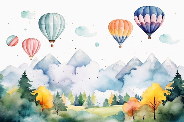 watercolor Air ballons landscape