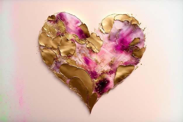 수채화 알코올 잉크 그린 핑크와 황금 심장 그림