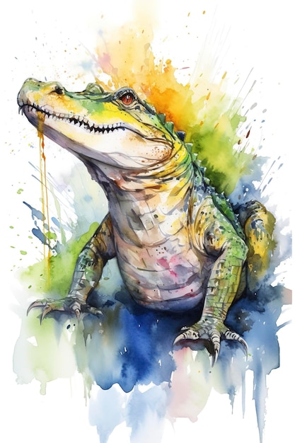 Watercolor alligator in the swamp illustration Generative AI