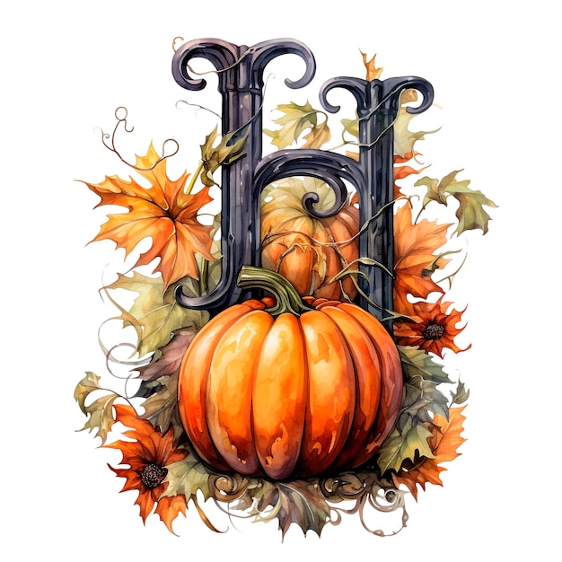 Watercolor alphabet Autumn Halloween letter H with pumpkins and fall leaves