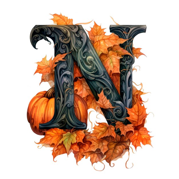 Photo watercolor alphabet autumn halloween letter n with pumpkins and fall leaves