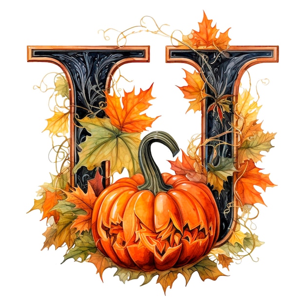 Photo watercolor alphabet autumn halloween letter u with pumpkins and fall leaves