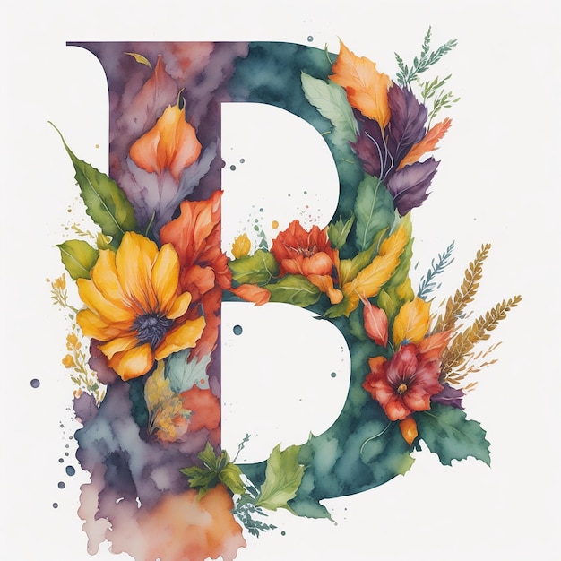 Watercolor an Alphabet B with Flower