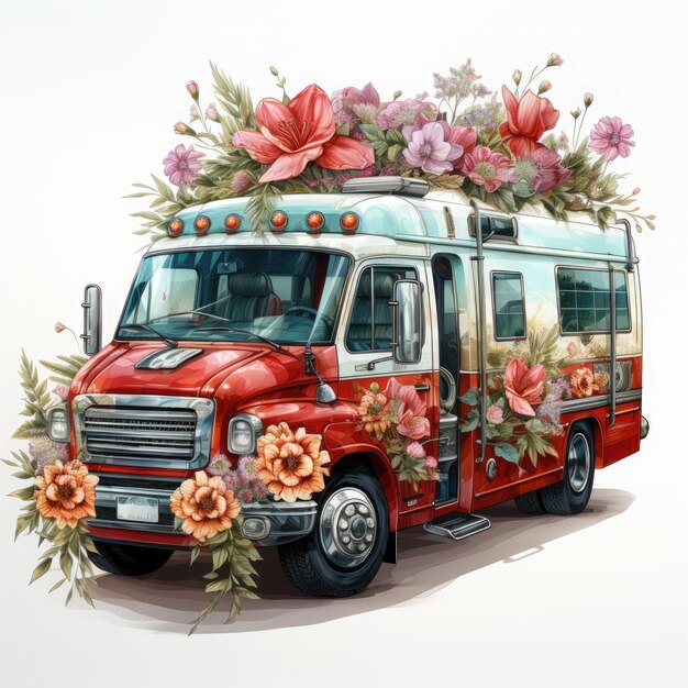 Foto ambulanza dell'acquerello con illustrazione di fiori ai generativa