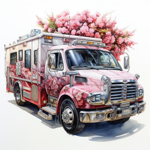 Watercolor Ambulance With Flower Illustration Generative Ai