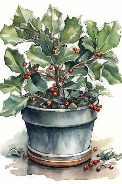 Photo watercolor american holly art print for classic and elegant home decoration generative ai