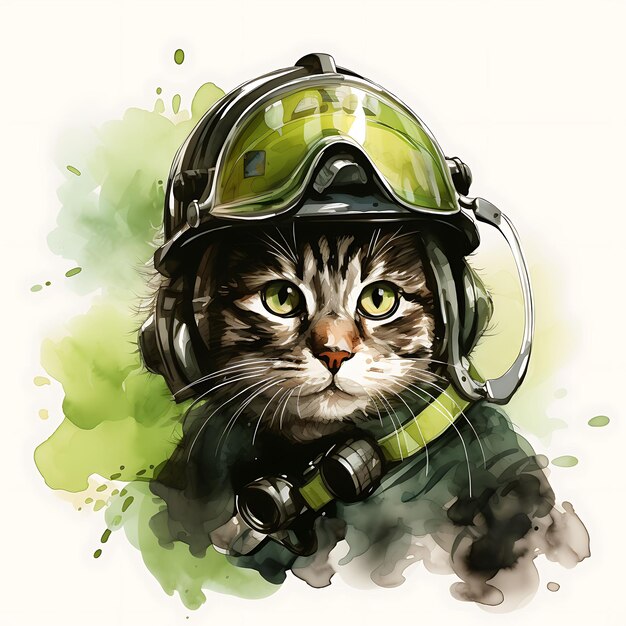 Photo watercolor of american wirehair with a firefighters helmet uniform green f patrick day clipart