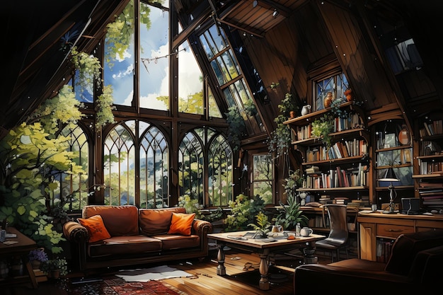 写真 居心地の良い屋根裏部屋の図書館のある家の輪郭を水彩で描く