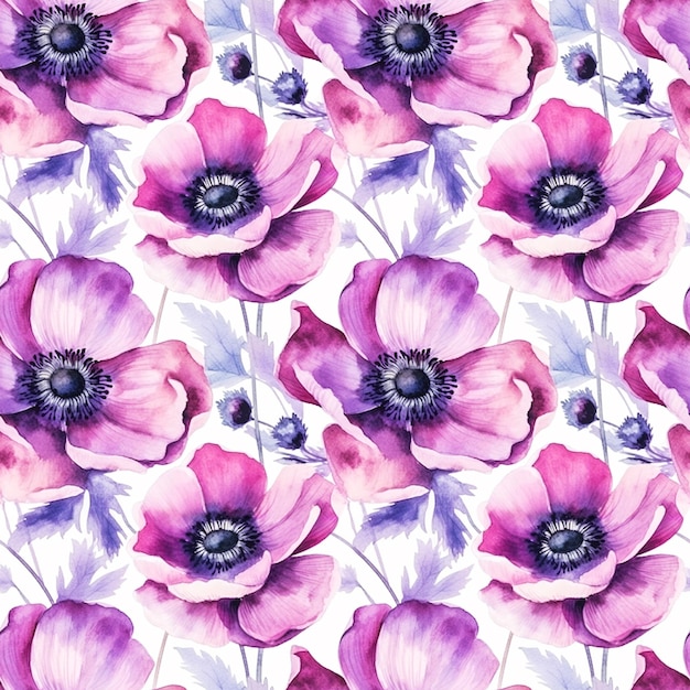 Watercolor anemone flowers seamless pattern background