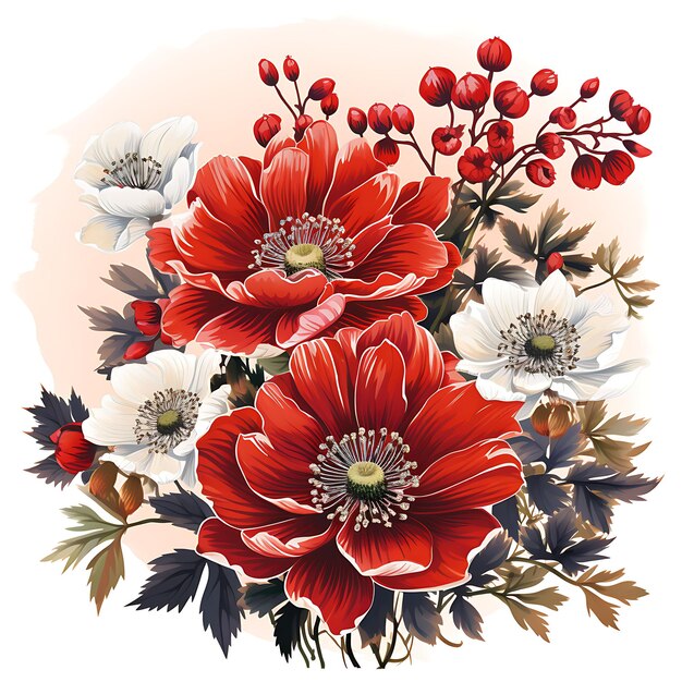 Watercolor of Anemones Bold Red Chinese New Year Anemone Lantern Decoratio on White BG Clipsart