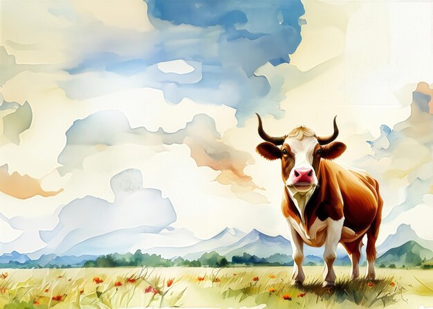 Watercolor animal template background cow created with generative AI