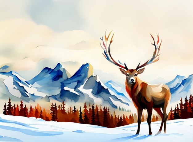 Watercolor animal template background reindeer created with generative AI