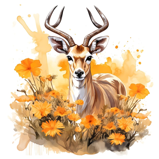 Watercolor Antelope Wild Animal Surrounded by Desert Marigol on White Background Digital Art