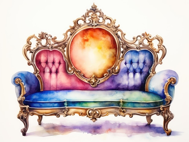 Watercolor Antique Sofa Baroque Furniture Isolated Vintage Watercolour Couch Old Aquarelle Settee