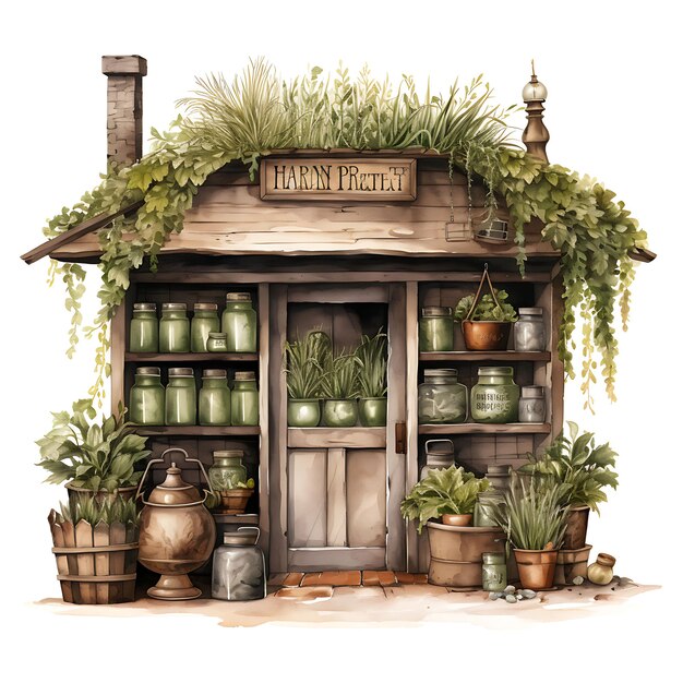 Photo watercolor of apothecarys haven herbal apothecary dried herbs and potion b on white background art