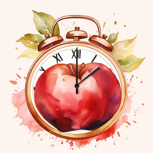 Photo watercolor apple clock cottagecore style fruit garden tea party