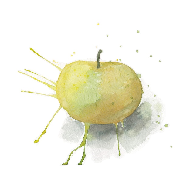 Watercolor apple. Hand-drawn sketch of a green apple, careless watercolor sketch with splashes. Bright illustration isolated on white background.