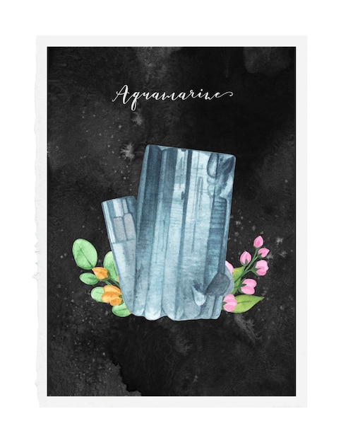 Watercolor aquamarine stone with floral elements and leaves on black background.