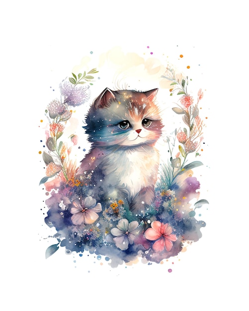 Watercolor or aquarelle painting of a cute cat or kitten with flowery background