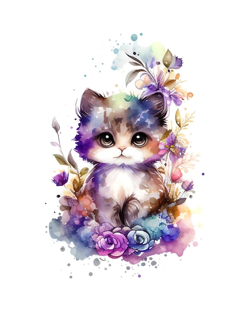 Акварельная или акварельная живопись милого кота или котенка на цветочном фоне