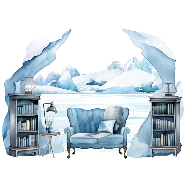 Photo watercolor of arctic wonderland a room with an arcticinspir on white background with cozy place