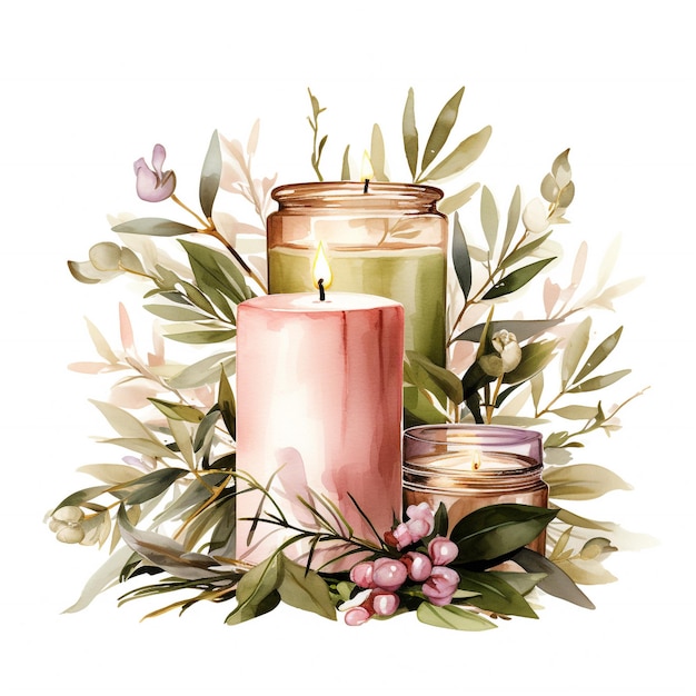 Photo watercolor aromatic candle floral arrangement