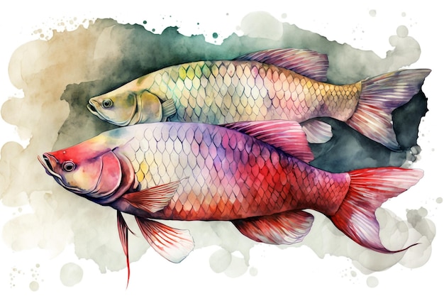 Watercolor arowana fishes isolated on white background Generative AI illustration