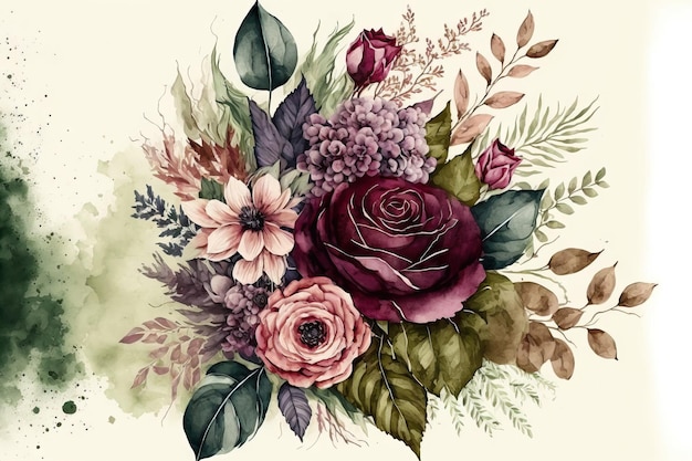 Watercolor arrangement of flowers in burgundy and green