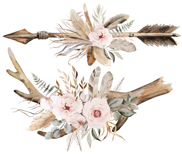 Акварельная стрела и рога оленя с тропическими листьями и букетом цветов коричневого и бежевого цвета Бохо Свадебная иллюстрация