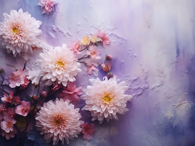 Photo watercolor art of asters with velvet textures and pearl dropletspurples and pi beauty wet frame