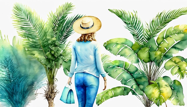 Photo watercolor art of beautiful women stay back with tropical foliage ai generative