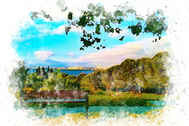 Watercolor art, Bench overlooking Lake view. Relaxation concept.