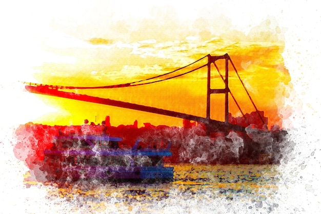 Watercolor art The boat passing through the Bosphorus at sunset ,