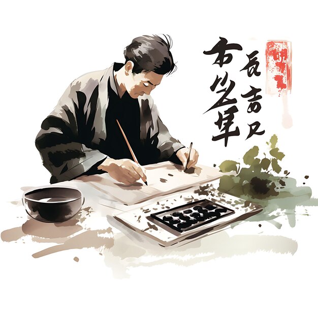 Watercolor Art of Calligraphy Practice Elder Writing Couplets Brushes and Ink Dongzhi Festival