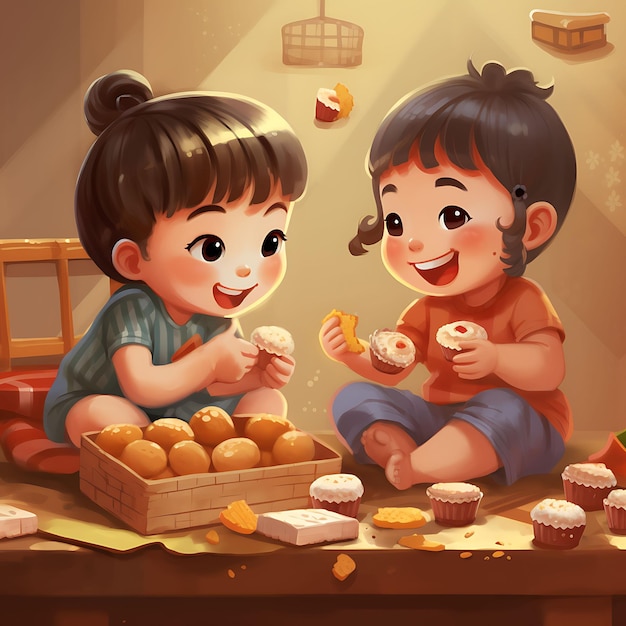 Watercolor Art of Children Enjoying Mooncakes Little Hands Sharing Seasonal Tr Dongzhi Festival