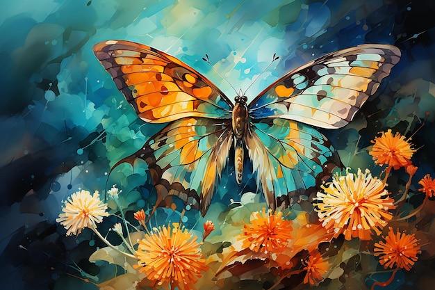 watercolor art of a colorful butterfly perched AI generated