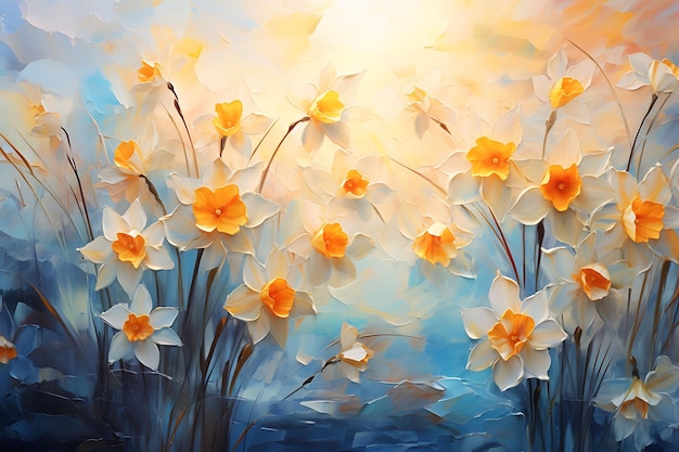 Watercolor art of daffodils breeze yellow blooms swaying spring colors blue sk beauty wet frame