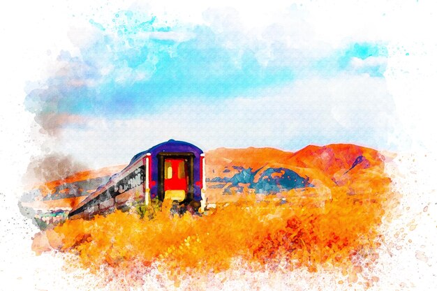 Watercolor art ,Eastern express. train that carries passengers from east to west. High quality illus