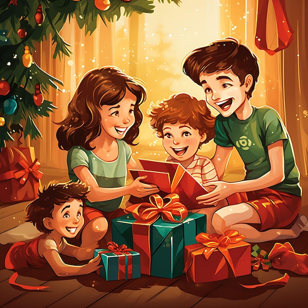 Watercolor Art of Family Exchange Gifts Kids Unwrapping Presents Under Tree Ex Dongzhi Festival