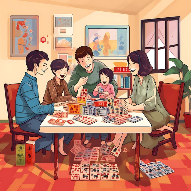 Watercolor Art of Family Game Time Mahjong Tiles on Table Family Sitting Toget Dongzhi Festival