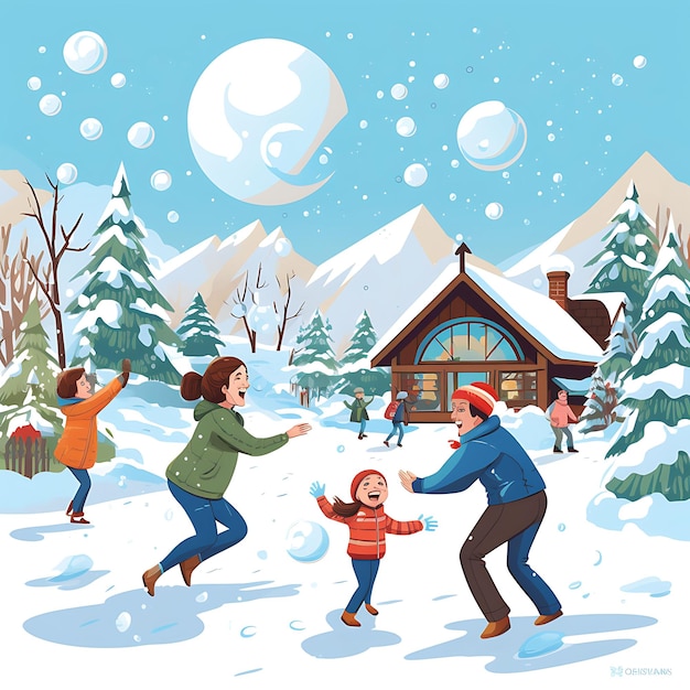 Photo watercolor art of family snowball fight in yard flying snowballs arch through dongzhi festival