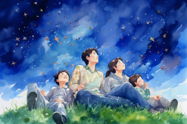 Watercolor art of family stargazing gathering lying on grass pointing skyward dongzhi festival