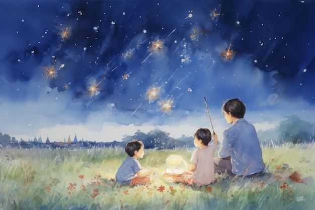Watercolor Art of Family Stargazing Gathering Lying on Grass Pointing Skyward Dongzhi Festival