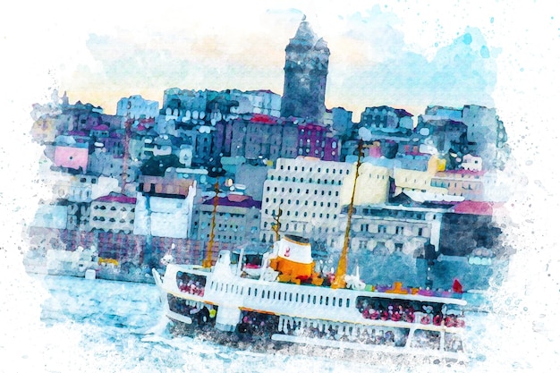 Watercolor art The ferry passing through the Bosphorus and Galata tower