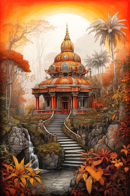 Photo watercolor art of forest landscape and old mystical red and yellow temple vibrant flora and fauna