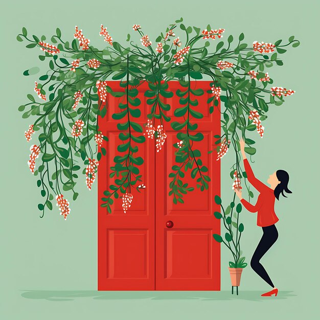 Watercolor art of hanging basil branches female tying basil to front door red dongzhi festival