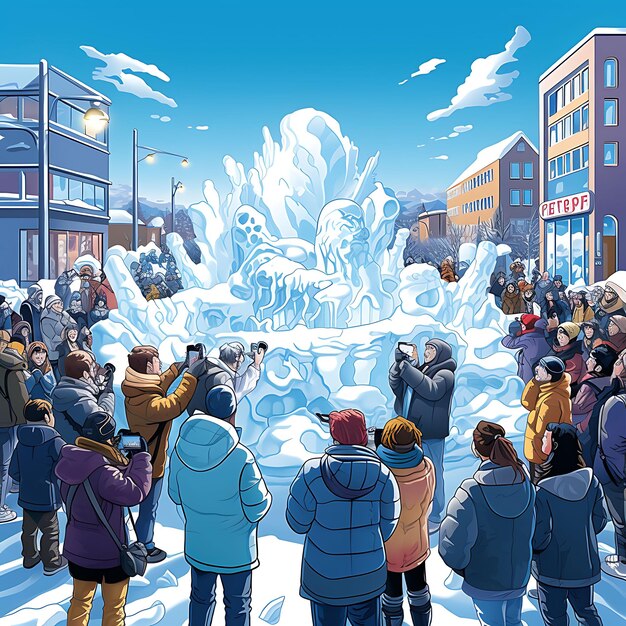 Watercolor art of ice sculpting competition artists carving ice statues crowds dongzhi festival