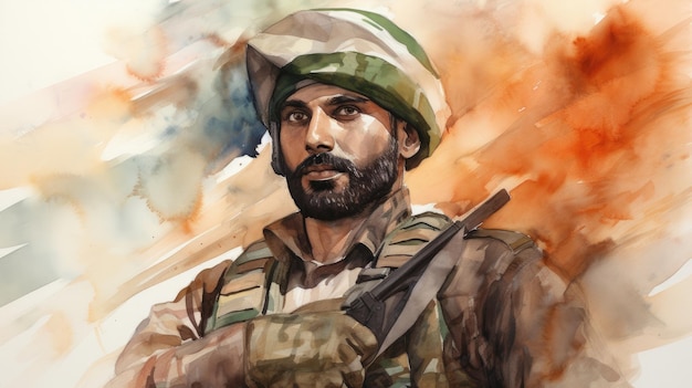 Watercolor art of Indian soldier with Indian Flag background for Indian Independence Day