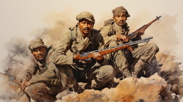 Watercolor art of Indian soldiers fighting for their country
